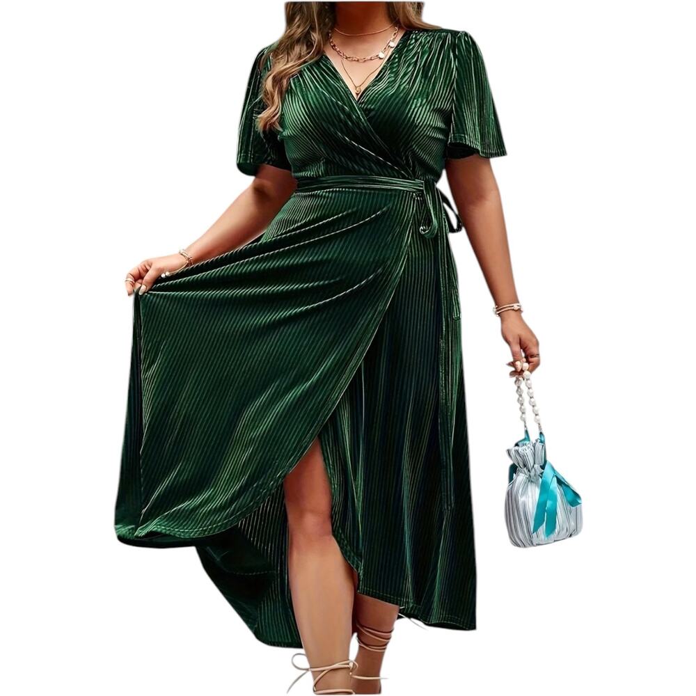 Simplee Plus Womens 2XL Wrap Ribbed Velvet Dark Academia Forest Green